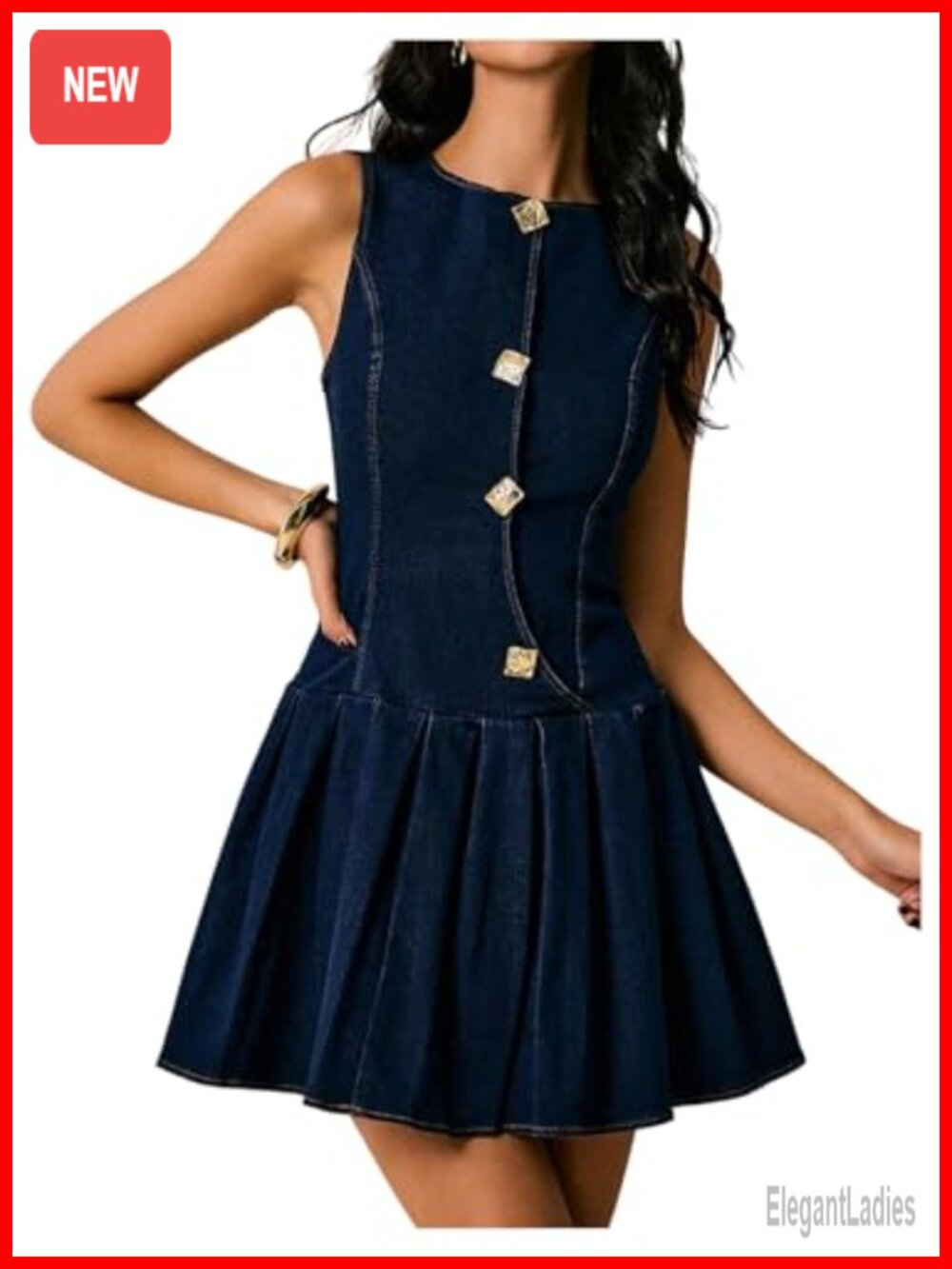 Denim Mini Dress Sleeveless A-line Pleated Hem Button Short Dress